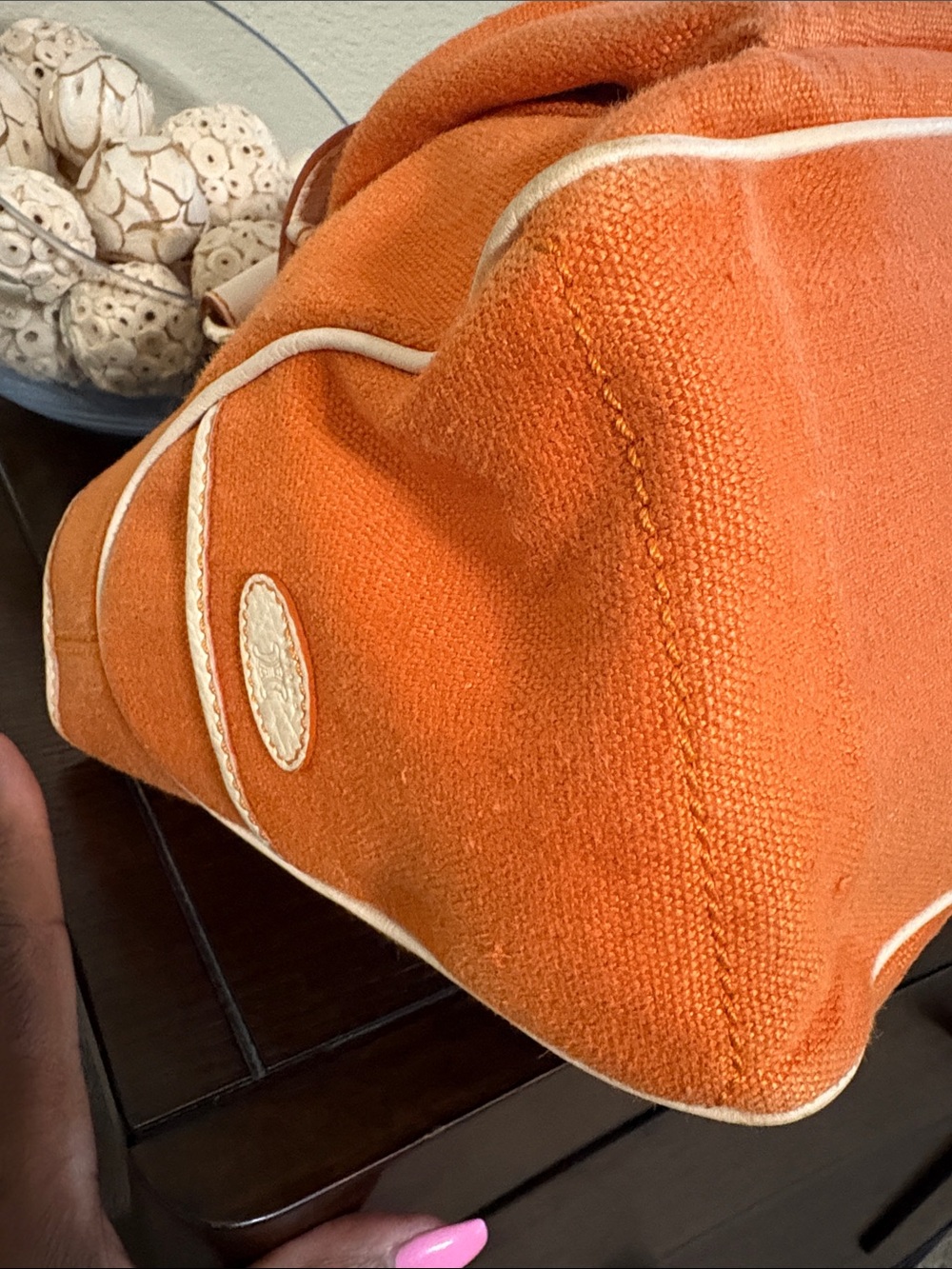 Celine Boogie Canvas Satchel - Orange & Cream Leather Trim with Tassels & Charm - Picture 10 of 16